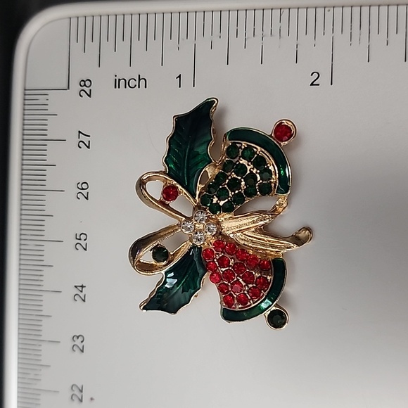 Christmas Enamel  Rhinestone Christmas Holiday  Bell Brooch - Picture 4 of 4